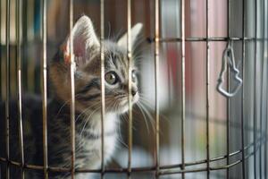 Gray and White Kitten Peeking into an Open Birdcage with Fascination and Curiosity in a photo