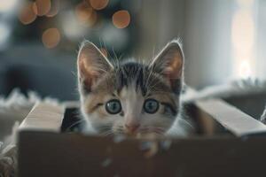 White and Brown Kitten Investigating a Gift Box with Enthusiasm and Curiosity in a Festive and Playful photo