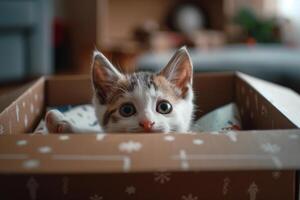White and Brown Kitten Exploring a Gift Box with Wide Eyed Curiosity and Excitement in a Fun Background photo