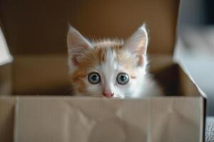 White and Brown Kitten Peeking Out of a Gift Box with Curious Eyes and Playful Enthusiasm in a Festive photo