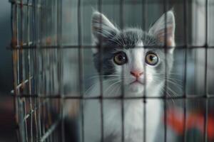 Gray and White Kitten Enthusiastically Investigating an Open Birdcage with Curious Eyes in a Fun photo