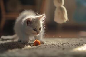 White Kitten Excitedly Investigating a New Cat Toy with Wide Eyed Curiosity in a Fun photo