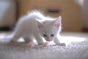 White Kitten Investigating a New Cat Toy with Wide Eyed Curiosity in a Fun and Interactive Environment photo