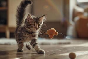 Maine Coon Kitten Joyfully Batting at a Toy Mouse with Fluffy Tail Raised in an Exciting and Fun photo