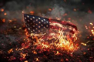 American Flag on Fire Symbolizing Turmoil and Conflict in a Powerful Visual Statement photo