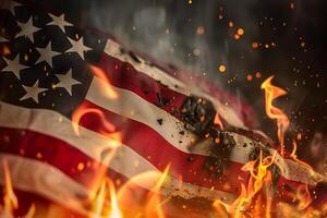 American Flag on Fire Symbolizing Turmoil and Conflict in a Powerful Visual Statement photo