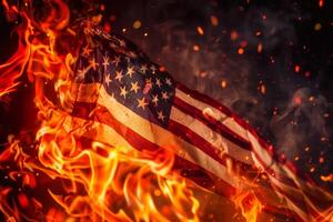 American Flag on Fire Symbolizing Turmoil and Conflict in a Powerful Visual Statement photo