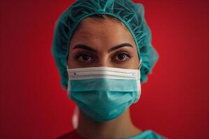 Female Surgeon in Scrubs and Mask with  Operating Room Background photo