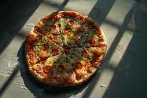 Overhead of a Pizza Food Background Featuring Crispy and Artisan Toppings photo
