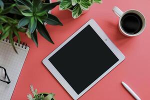 Tablet screen mockup with   design on neutral background showcasing tech advancements and digital solutions background photo