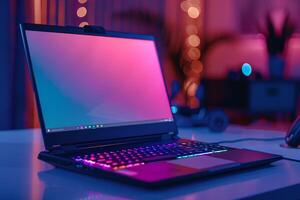 Gaming laptop mockup with white table background showcasing high performance gaming setup and accessories for tech enthusiasts photo