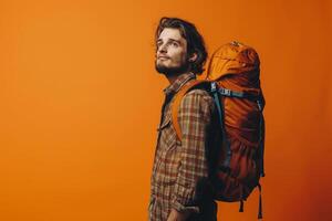 Portrait of a traveler with a backpack exploring new destinations capturing the spirit of adventure photo