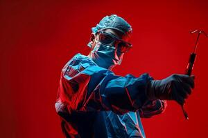 Surgeon in action pose performing complex medical procedures with precision and skill in clinical background photo