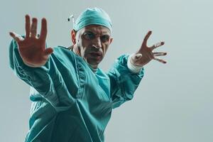 Surgeon in action pose demonstrating surgical expertise and precision in a clinical photo