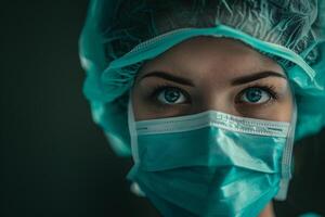 Surgeon in scrubs and mask demonstrating high level skills and preparation for surgery in a clinical background photo