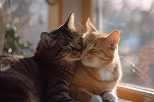 Two cats nuzzling each other affectionately displaying closeness and warmth photo