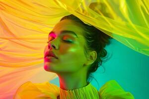 Model in Avant Garde Fashion with a neon green top and   background creating a  and eye catching look photo