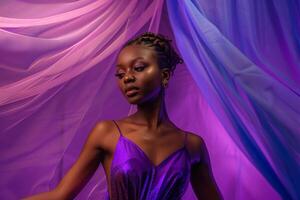 Model in Evening Gown with a sophisticated and graceful design set against an  background photo