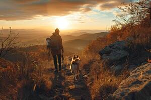 Dog and owner hiking along a scenic mountain trail adventure journey background photo