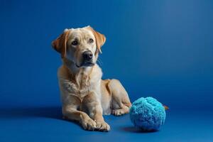 Dog with toy against cobalt blue background lively and dynamic pet  background photo