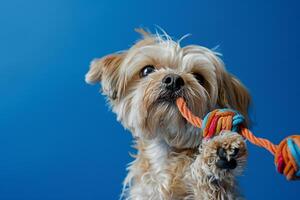 Dog with toy on cobalt blue background dynamic and joyful pet  background photo
