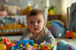 Baby Playing with Educational Toys in Nursery  Background photo