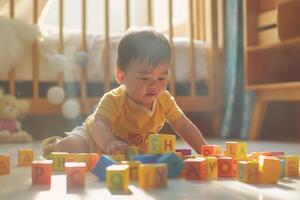 Baby Exploring Alphabet Blocks Interactive Learning Background photo