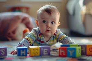 Baby Exploring Alphabet Blocks Educational and Fun Background photo