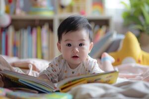 Baby Exploring Books ful and Engaging Background photo