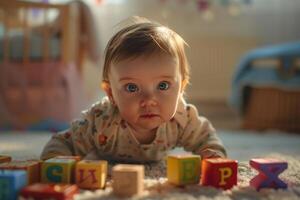 Baby Exploring Alphabet Blocks Interactive and Educational Background photo