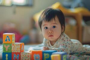 Baby Exploring Alphabet Blocks Interactive and Fun Background photo