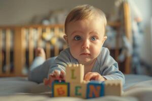 Baby Exploring Alphabet Blocks  and Educational Background photo