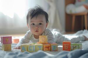 Baby Exploring Alphabet Blocks Engaging and ful Background photo