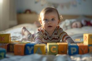 Baby Exploring Alphabet Blocks Engaging and Educational Background photo