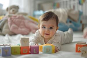 Baby Exploring Alphabet Blocks  and Fun Learning Background photo