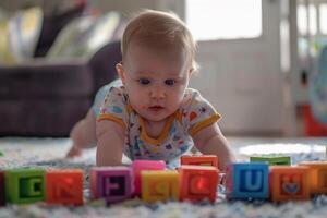 Baby Exploring Alphabet Blocks ful and Engaging Background photo