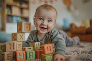 Baby Exploring Alphabet Blocks Fun and Interactive Background photo