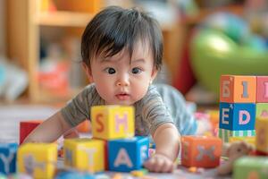 Baby Exploring Alphabet Blocks Interactive and Fun Learning Background photo