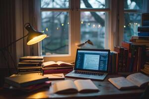 Student Desk with Laptop Mockup Open to Online Course Surrounded by Textbooks and Study Notes photo