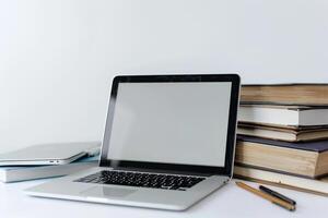 Student Laptop Mockup Open to  Screen for Online Studies Professional Background photo