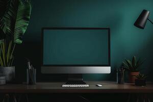 computer monitor mockup with a crisp  design on a  background photo
