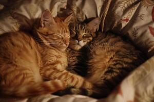 Two cats cuddling together in a cozy bed on a  background photo