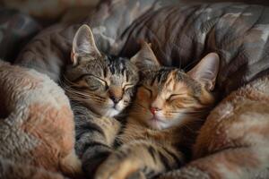 Two cats cuddling together in a cozy bed on a  comfortable background photo