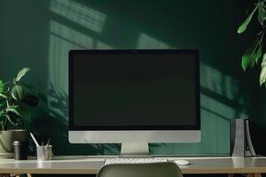 High tech computer monitor mockup with a  design on a  background photo