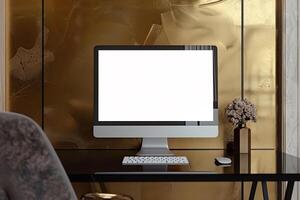 Computer monitor mockup with a  and  design on a professional hightech background photo