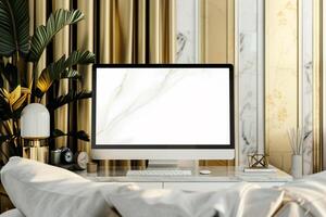 Computer monitor mockup with a  design on a  background photo