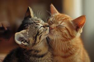 Two cats grooming each other affectionately showing companionship on a  cozy background photo