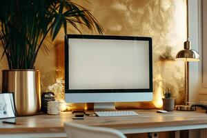 HighResolution Computer Monitor Mockup with Blank Screen Background photo