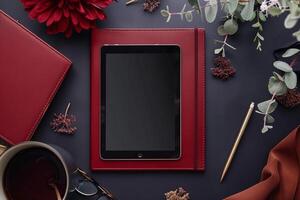 Tablet Mockup with Leather Notebook for  Displays Background photo