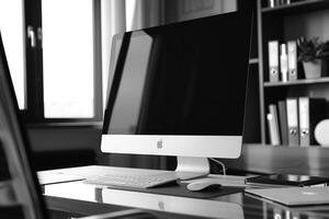 Executive Desktop Computer Mockup with Professional and  Office Background photo